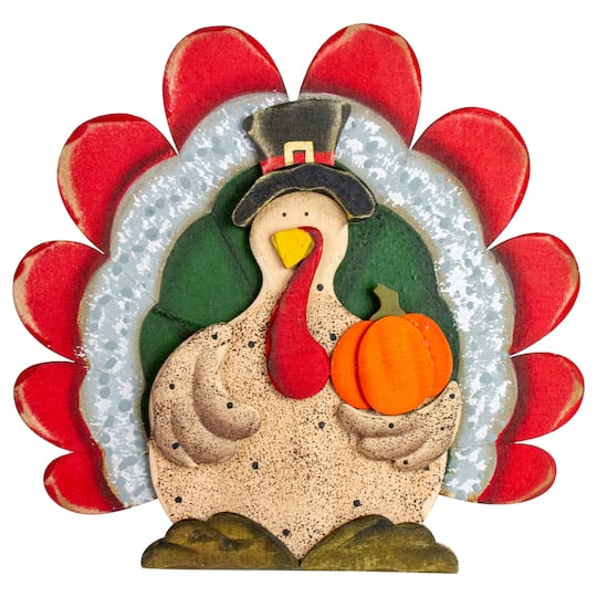 10" Wooden Turkey with Pumpkin Thanksgiving Decoration
